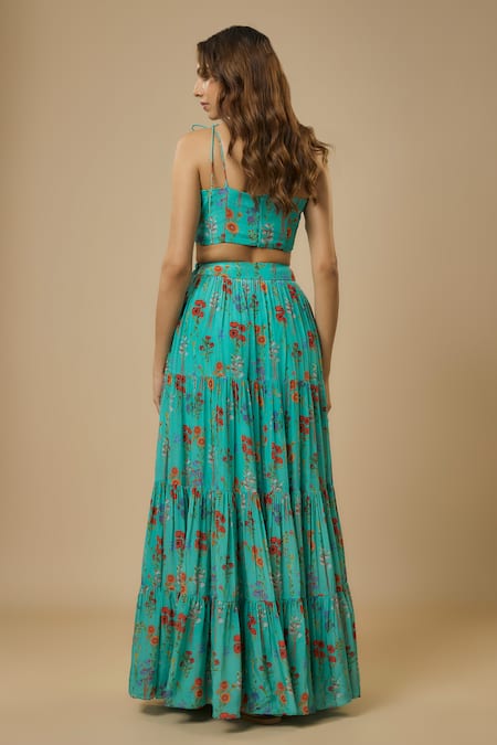 Shop Ewoke Blue Crepe Beads, Sequins Sweetheart Neck Floral Print Tiered Lehenga Set at Aza Fashions Shop_Ewoke_Blue Crepe Beads, Sequins Sweetheart Neck Floral Print Tiered Lehenga Set _at_Aza_Fashions