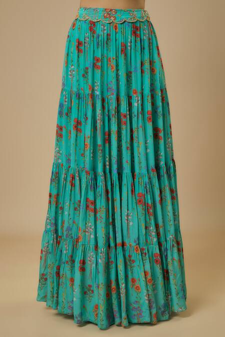 Ewoke Blue Crepe Beads, Sequins Sweetheart Neck Floral Print Tiered Lehenga Set Online at Aza Fashions Ewoke_Blue Crepe Beads, Sequins Sweetheart Neck Floral Print Tiered Lehenga Set _Online_at_Aza_Fashions