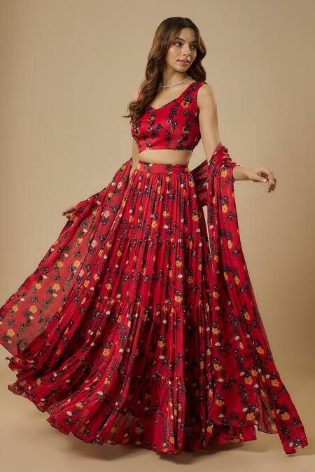 Ewoke Red Georgette, Satin Beads, Sequins Sweetheart Tiered Floral Print Lehenga Set Online at Aza Fashions Ewoke_Red Georgette, Satin Beads, Sequins Sweetheart Tiered Floral Print Lehenga Set _Online_at_Aza_Fashions