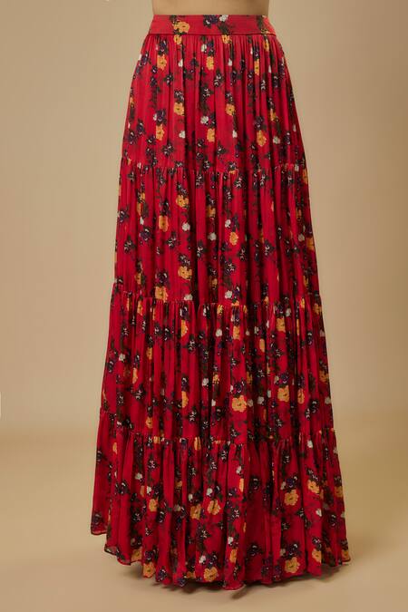 Buy Ewoke Red Georgette, Satin Beads, Sequins Sweetheart Tiered Floral Print Lehenga Set Online at Aza Fashions Buy_Ewoke_Red Georgette, Satin Beads, Sequins Sweetheart Tiered Floral Print Lehenga Set _Online_at_Aza_Fashions