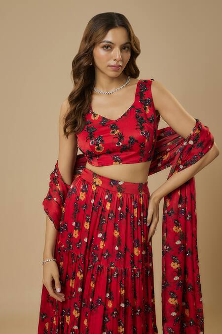 Shop Ewoke Red Georgette, Satin Beads, Sequins Sweetheart Tiered Floral Print Lehenga Set Online at Aza Fashions Shop_Ewoke_Red Georgette, Satin Beads, Sequins Sweetheart Tiered Floral Print Lehenga Set _Online_at_Aza_Fashions