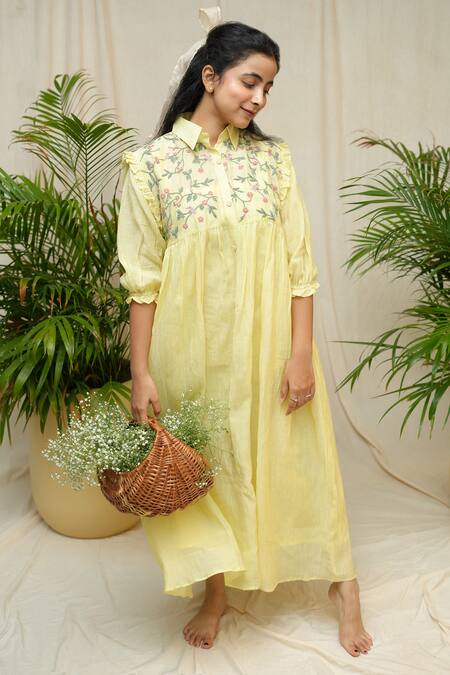 KKANYAAH_Yellow Silk, , Handloom Embroidery Collared Daffodil Delight Dress _Online_at_Aza_Fashions