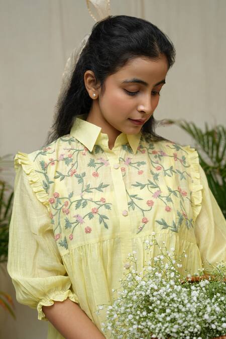 Shop_KKANYAAH_Yellow Silk, , Handloom Embroidery Collared Daffodil Delight Dress _Online_at_Aza_Fashions
