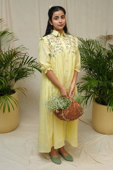 KKANYAAH_Yellow Silk, , Handloom Embroidery Collared Daffodil Delight Dress _at_Aza_Fashions