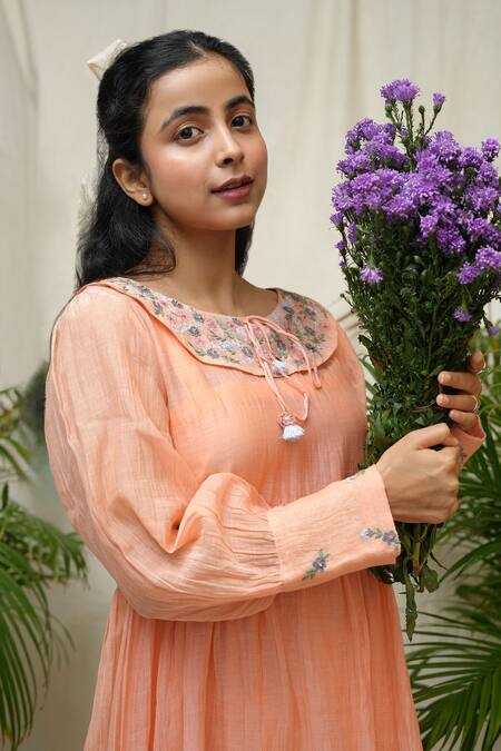 KKANYAAH_Peach Silk, , Handloom Embroidery Round Neck Meadow Muse Dress _Online_at_Aza_Fashions