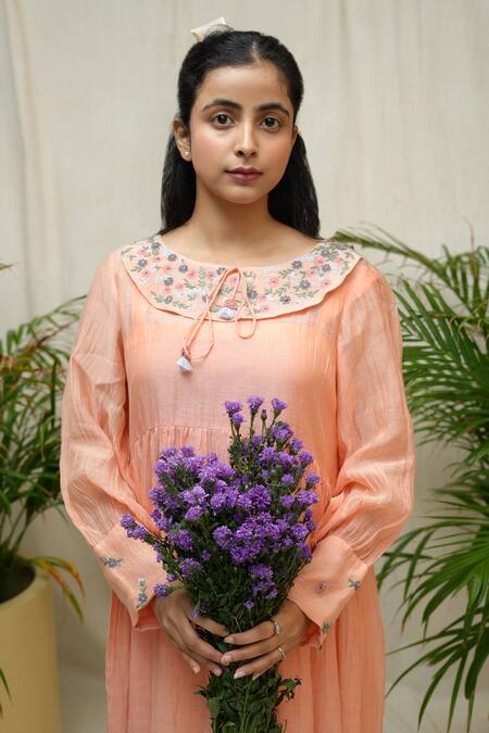 Buy_KKANYAAH_Peach Silk, , Handloom Embroidery Round Neck Meadow Muse Dress _Online_at_Aza_Fashions