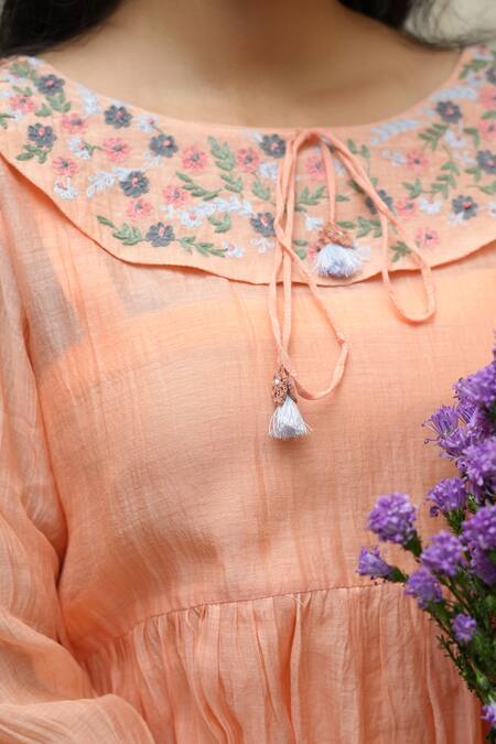 Shop_KKANYAAH_Peach Silk, , Handloom Embroidery Round Neck Meadow Muse Dress _Online_at_Aza_Fashions
