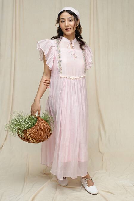 KKANYAAH_Pink , Silk, Handloom Tassels Vintage Vista Embroidered Dress _Online_at_Aza_Fashions