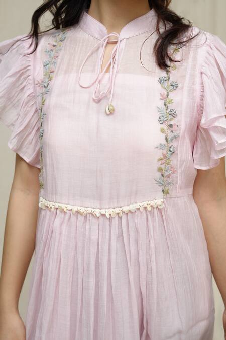 KKANYAAH_Pink , Silk, Handloom Tassels Vintage Vista Embroidered Dress _at_Aza_Fashions