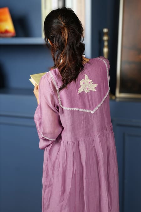 Shop KKANYAAH Purple Silk, , Handloom Applique Round Neck Retro Royal Work Dress at Aza Fashions Shop_KKANYAAH_Purple Silk, , Handloom Applique Round Neck Retro Royal Work Dress _at_Aza_Fashions