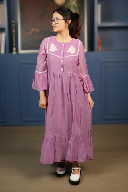 Shop KKANYAAH Purple Silk, , Handloom Applique Round Neck Retro Royal Work Dress Online at Aza Fashions Shop_KKANYAAH_Purple Silk, , Handloom Applique Round Neck Retro Royal Work Dress _Online_at_Aza_Fashions