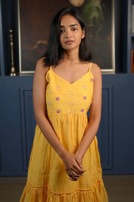 KKANYAAH Yellow , Silk, Handloom Embroidery V-neck Retro Royal Dress Online at Aza Fashions KKANYAAH_Yellow , Silk, Handloom Embroidery V-neck Retro Royal Dress _Online_at_Aza_Fashions