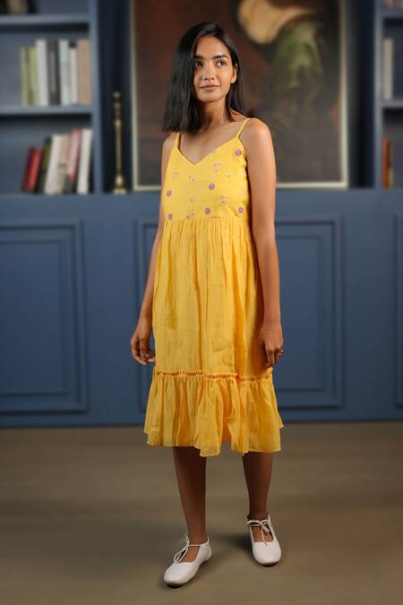 Buy KKANYAAH Yellow , Silk, Handloom Embroidery V-neck Retro Royal Dress Online at Aza Fashions Buy_KKANYAAH_Yellow , Silk, Handloom Embroidery V-neck Retro Royal Dress _Online_at_Aza_Fashions