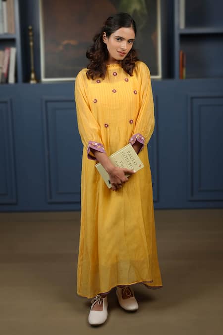 Shop KKANYAAH Yellow Silk, Cotton Embroidery, Lace Round Neck Retro Royal Midi Dress at Aza Fashions Shop_KKANYAAH_Yellow Silk, Cotton Embroidery, Lace Round Neck Retro Royal Midi Dress _at_Aza_Fashions