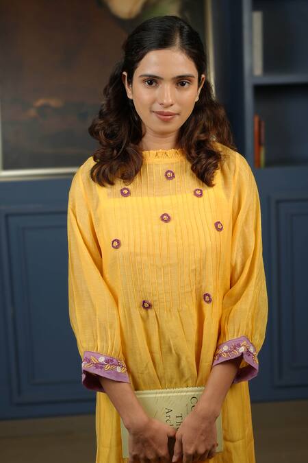 KKANYAAH Yellow Silk, Cotton Embroidery, Lace Round Neck Retro Royal Midi Dress Online at Aza Fashions KKANYAAH_Yellow Silk, Cotton Embroidery, Lace Round Neck Retro Royal Midi Dress _Online_at_Aza_Fashions