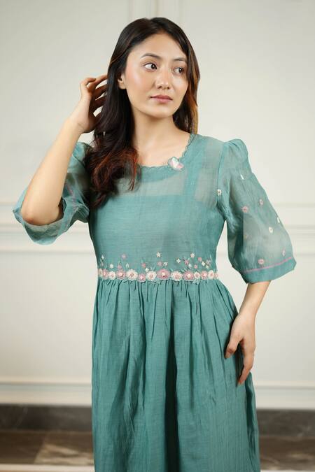 KKANYAAH_Green , Silk, Handloom Embroidery Scoop Neck Flutter Dress _Online_at_Aza_Fashions