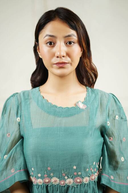 Buy_KKANYAAH_Green , Silk, Handloom Embroidery Scoop Neck Flutter Dress _Online_at_Aza_Fashions