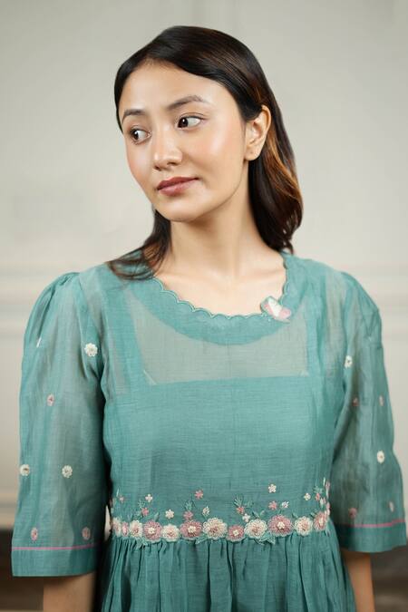 Shop_KKANYAAH_Green , Silk, Handloom Embroidery Scoop Neck Flutter Dress _Online_at_Aza_Fashions