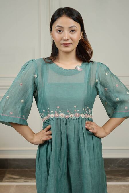 KKANYAAH_Green , Silk, Handloom Embroidery Scoop Neck Flutter Dress _at_Aza_Fashions