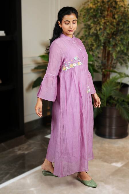 KKANYAAH Purple Silk, , Handloom Embroidery Mandarin Blanc Duo Midi Dress Online at Aza Fashions KKANYAAH_Purple Silk, , Handloom Embroidery Mandarin Blanc Duo Midi Dress _Online_at_Aza_Fashions