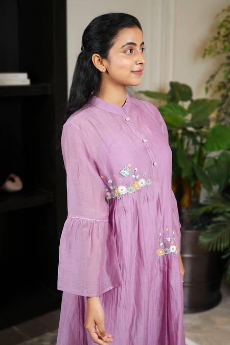 Shop KKANYAAH Purple Silk, , Handloom Embroidery Mandarin Blanc Duo Midi Dress Online at Aza Fashions Shop_KKANYAAH_Purple Silk, , Handloom Embroidery Mandarin Blanc Duo Midi Dress _Online_at_Aza_Fashions