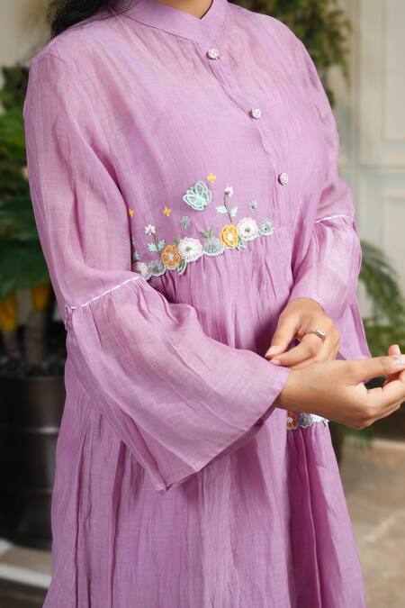 KKANYAAH Purple Silk, , Handloom Embroidery Mandarin Blanc Duo Midi Dress at Aza Fashions KKANYAAH_Purple Silk, , Handloom Embroidery Mandarin Blanc Duo Midi Dress _at_Aza_Fashions
