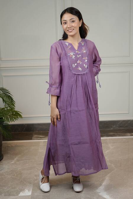 Shop KKANYAAH Purple Silk, , Handloom Embroidery Floral Flounce Flared Dress at Aza Fashions Shop_KKANYAAH_Purple Silk, , Handloom Embroidery Floral Flounce Flared Dress _at_Aza_Fashions