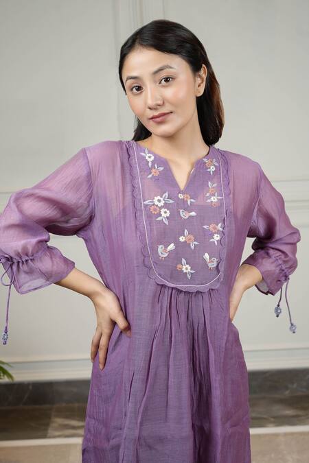 KKANYAAH Purple Silk, , Handloom Embroidery Floral Flounce Flared Dress Online at Aza Fashions KKANYAAH_Purple Silk, , Handloom Embroidery Floral Flounce Flared Dress _Online_at_Aza_Fashions