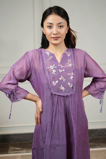 Buy KKANYAAH Purple Silk, , Handloom Embroidery Floral Flounce Flared Dress Online at Aza Fashions Buy_KKANYAAH_Purple Silk, , Handloom Embroidery Floral Flounce Flared Dress _Online_at_Aza_Fashions