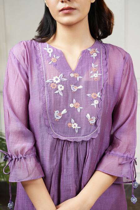 Shop KKANYAAH Purple Silk, , Handloom Embroidery Floral Flounce Flared Dress Online at Aza Fashions Shop_KKANYAAH_Purple Silk, , Handloom Embroidery Floral Flounce Flared Dress _Online_at_Aza_Fashions