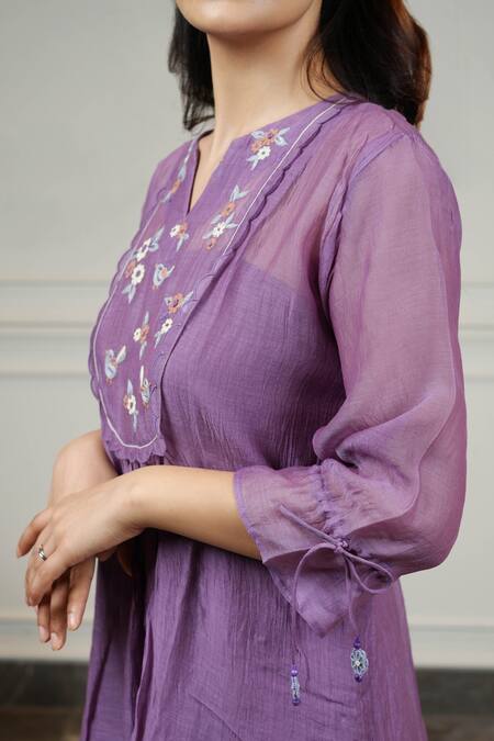 KKANYAAH Purple Silk, , Handloom Embroidery Floral Flounce Flared Dress at Aza Fashions KKANYAAH_Purple Silk, , Handloom Embroidery Floral Flounce Flared Dress _at_Aza_Fashions