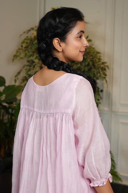 Shop KKANYAAH Pink Silk, , Handloom Embroidery Round Neck Botanical Bliss Dress at Aza Fashions Shop_KKANYAAH_Pink Silk, , Handloom Embroidery Round Neck Botanical Bliss Dress _at_Aza_Fashions