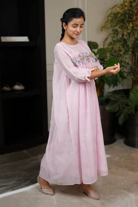 KKANYAAH Pink Silk, , Handloom Embroidery Round Neck Botanical Bliss Dress Online at Aza Fashions KKANYAAH_Pink Silk, , Handloom Embroidery Round Neck Botanical Bliss Dress _Online_at_Aza_Fashions