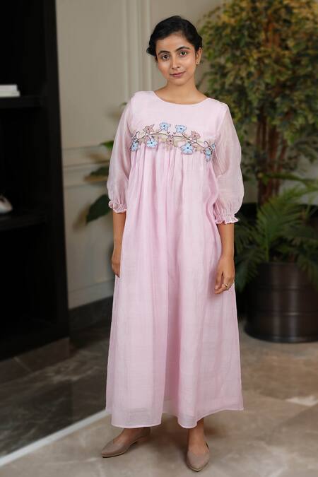 Buy KKANYAAH Pink Silk, , Handloom Embroidery Round Neck Botanical Bliss Dress Online at Aza Fashions Buy_KKANYAAH_Pink Silk, , Handloom Embroidery Round Neck Botanical Bliss Dress _Online_at_Aza_Fashions