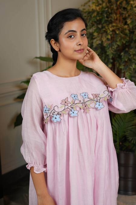 Shop KKANYAAH Pink Silk, , Handloom Embroidery Round Neck Botanical Bliss Dress Online at Aza Fashions Shop_KKANYAAH_Pink Silk, , Handloom Embroidery Round Neck Botanical Bliss Dress _Online_at_Aza_Fashions