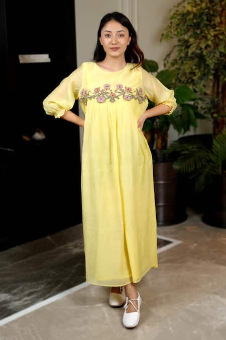KKANYAAH_Yellow , Silk, Handloom Embroidery Botanical Bliss A-line Dress _Online_at_Aza_Fashions