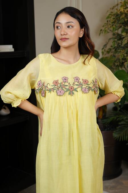 Shop_KKANYAAH_Yellow , Silk, Handloom Embroidery Botanical Bliss A-line Dress _Online_at_Aza_Fashions