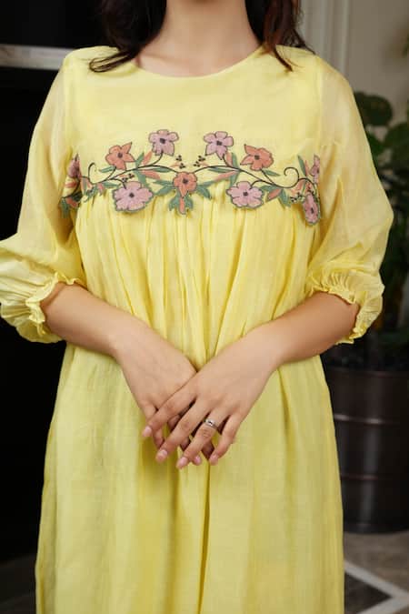 KKANYAAH_Yellow , Silk, Handloom Embroidery Botanical Bliss A-line Dress _at_Aza_Fashions