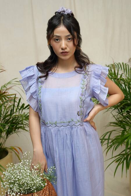 KKANYAAH_Blue , Silk, Handloom Embroidery Round Neck Bell Yoke Dress _Online_at_Aza_Fashions