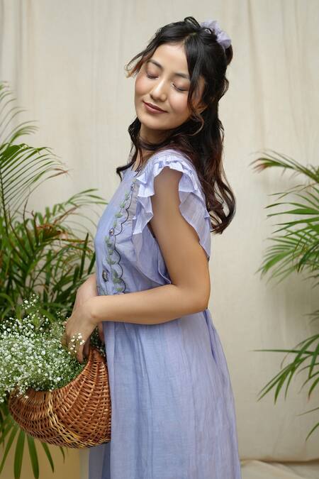 Buy_KKANYAAH_Blue , Silk, Handloom Embroidery Round Neck Bell Yoke Dress _Online_at_Aza_Fashions