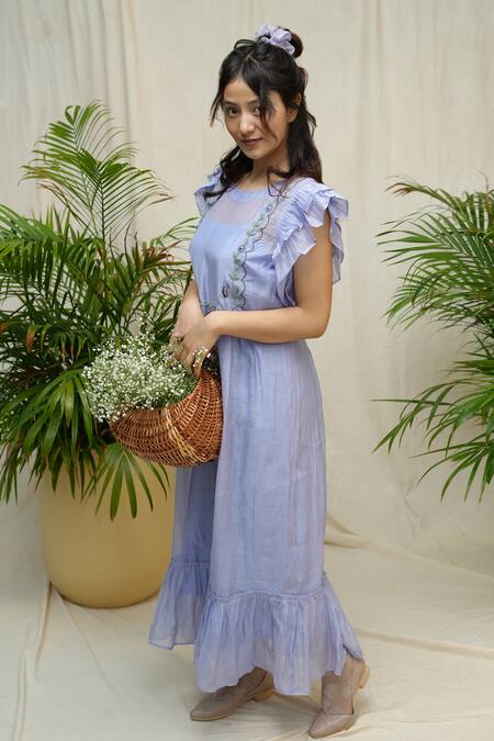 Shop_KKANYAAH_Blue , Silk, Handloom Embroidery Round Neck Bell Yoke Dress _Online_at_Aza_Fashions