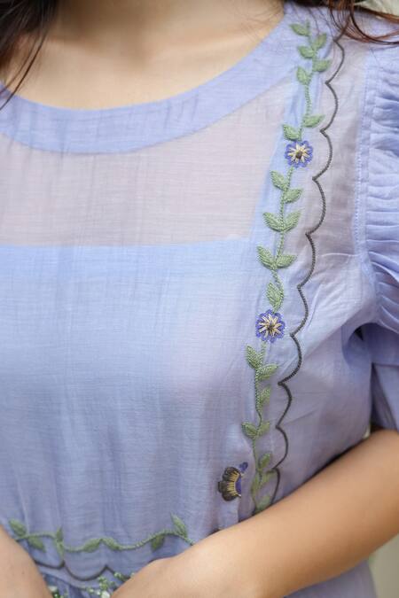 KKANYAAH_Blue , Silk, Handloom Embroidery Round Neck Bell Yoke Dress _at_Aza_Fashions