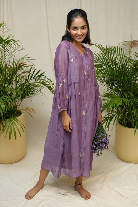 KKANYAAH_Purple Silk, Cotton Embroidery V-neck Sweet Magic Midi Dress _Online_at_Aza_Fashions