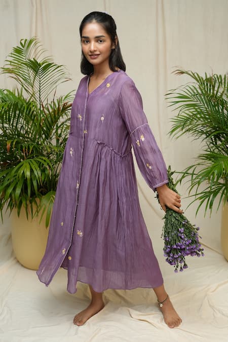 Buy_KKANYAAH_Purple Silk, Cotton Embroidery V-neck Sweet Magic Midi Dress _Online_at_Aza_Fashions