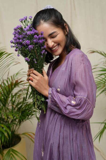 Shop_KKANYAAH_Purple Silk, Cotton Embroidery V-neck Sweet Magic Midi Dress _Online_at_Aza_Fashions