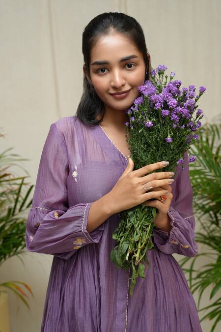 KKANYAAH_Purple Silk, Cotton Embroidery V-neck Sweet Magic Midi Dress _at_Aza_Fashions