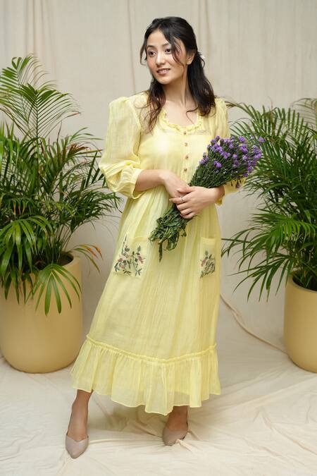 Buy_KKANYAAH_Yellow Silk, , Handloom Embroidery Round Neck Sunshine Glow Dress _Online_at_Aza_Fashions