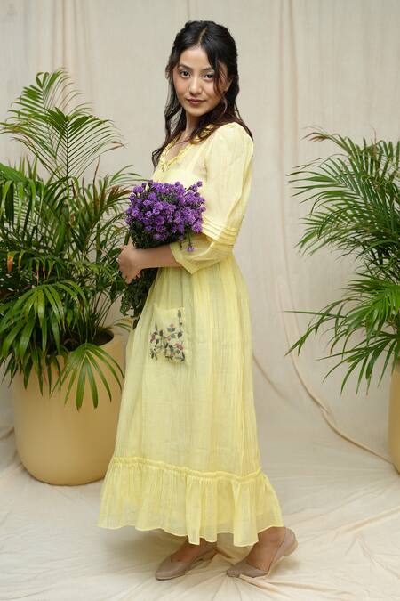 Shop_KKANYAAH_Yellow Silk, , Handloom Embroidery Round Neck Sunshine Glow Dress _Online_at_Aza_Fashions