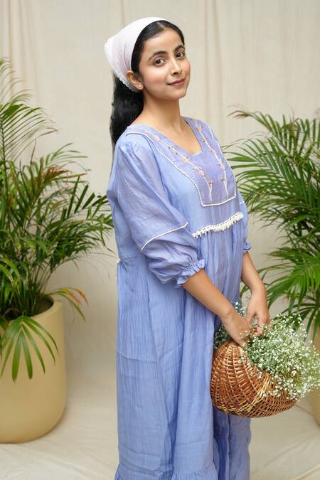 Shop_KKANYAAH_Blue , Silk, Handloom Embroidery V-neck Village Maiden Dress _Online_at_Aza_Fashions