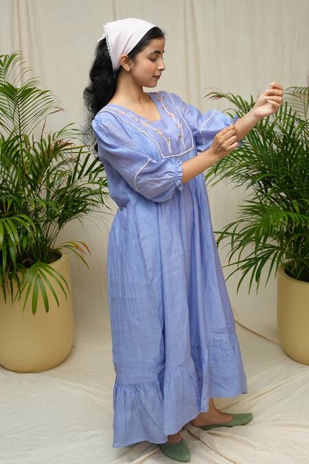 KKANYAAH_Blue , Silk, Handloom Embroidery V-neck Village Maiden Dress _at_Aza_Fashions